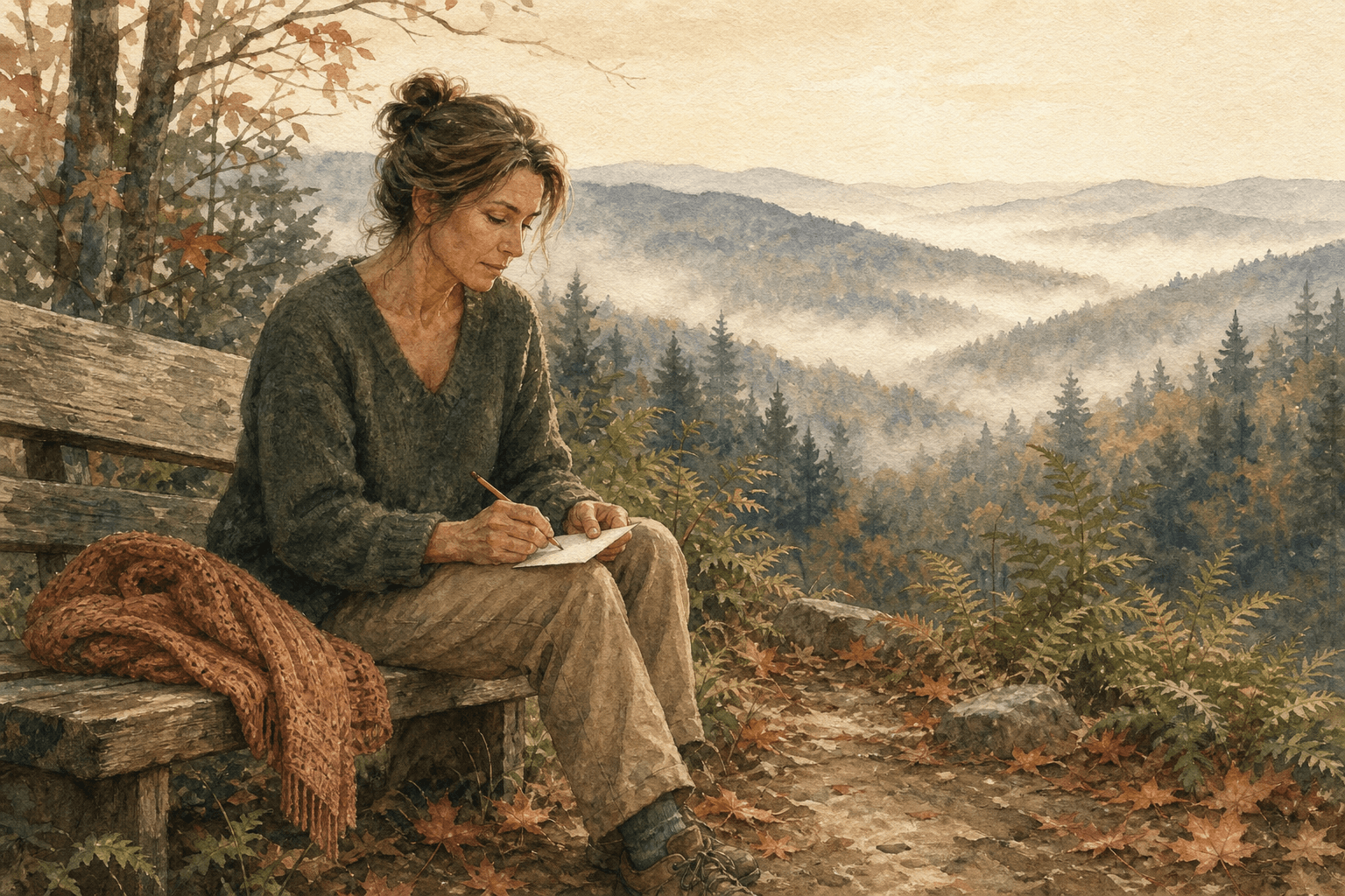 A woman in her mid-forties sitting on a weathered wooden bench at the edge of a mountain trail in early-morning light, a terracotta knit wrap draped on the bench beside her, writing a single line on a small card with a pencil, ferns and fallen autumn leaves at her feet and misty Blue Ridge ridgelines behind her.