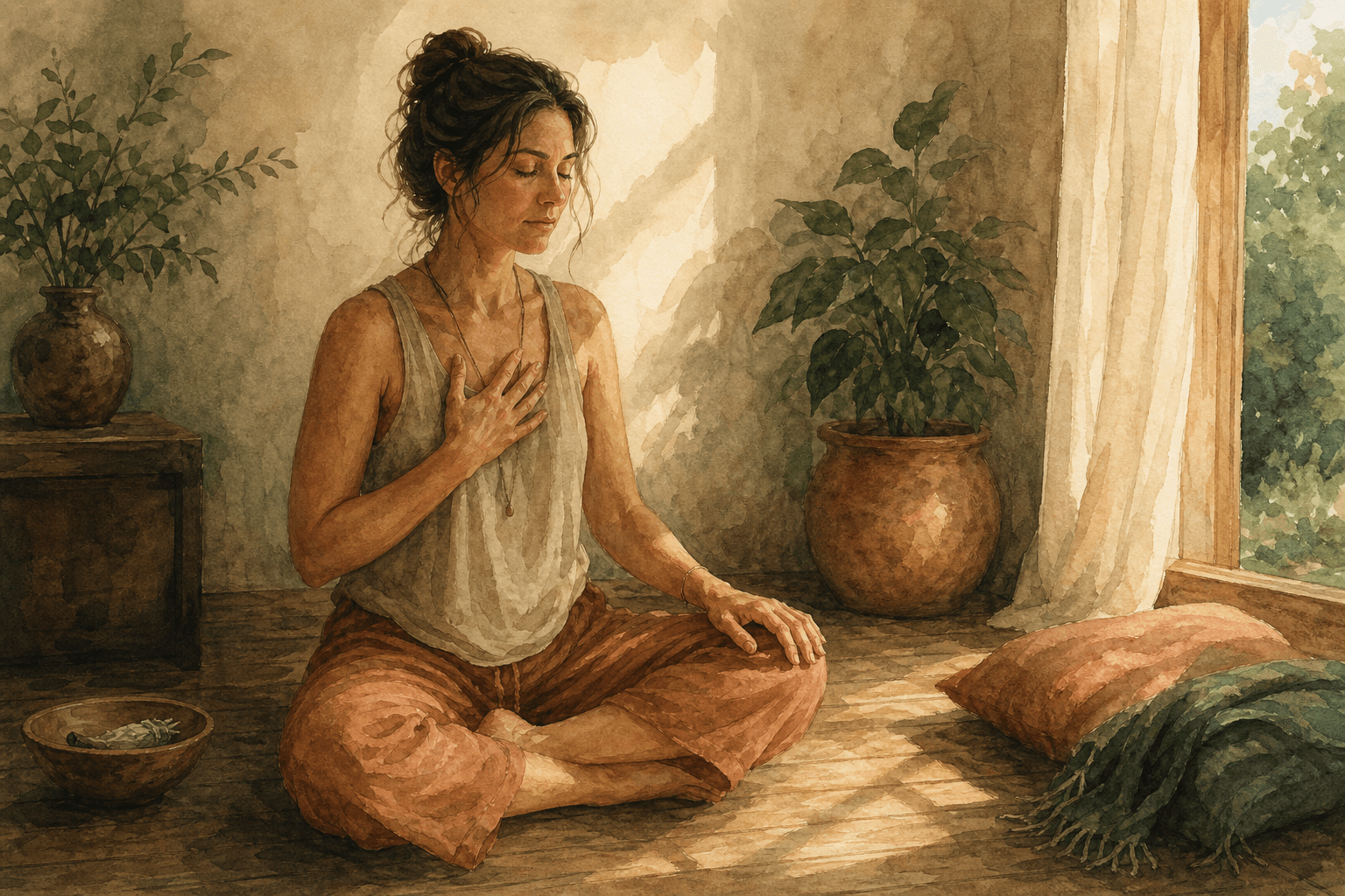A woman sitting on a wooden floor with her hand resting on her sternum, a small stack of books beside her
