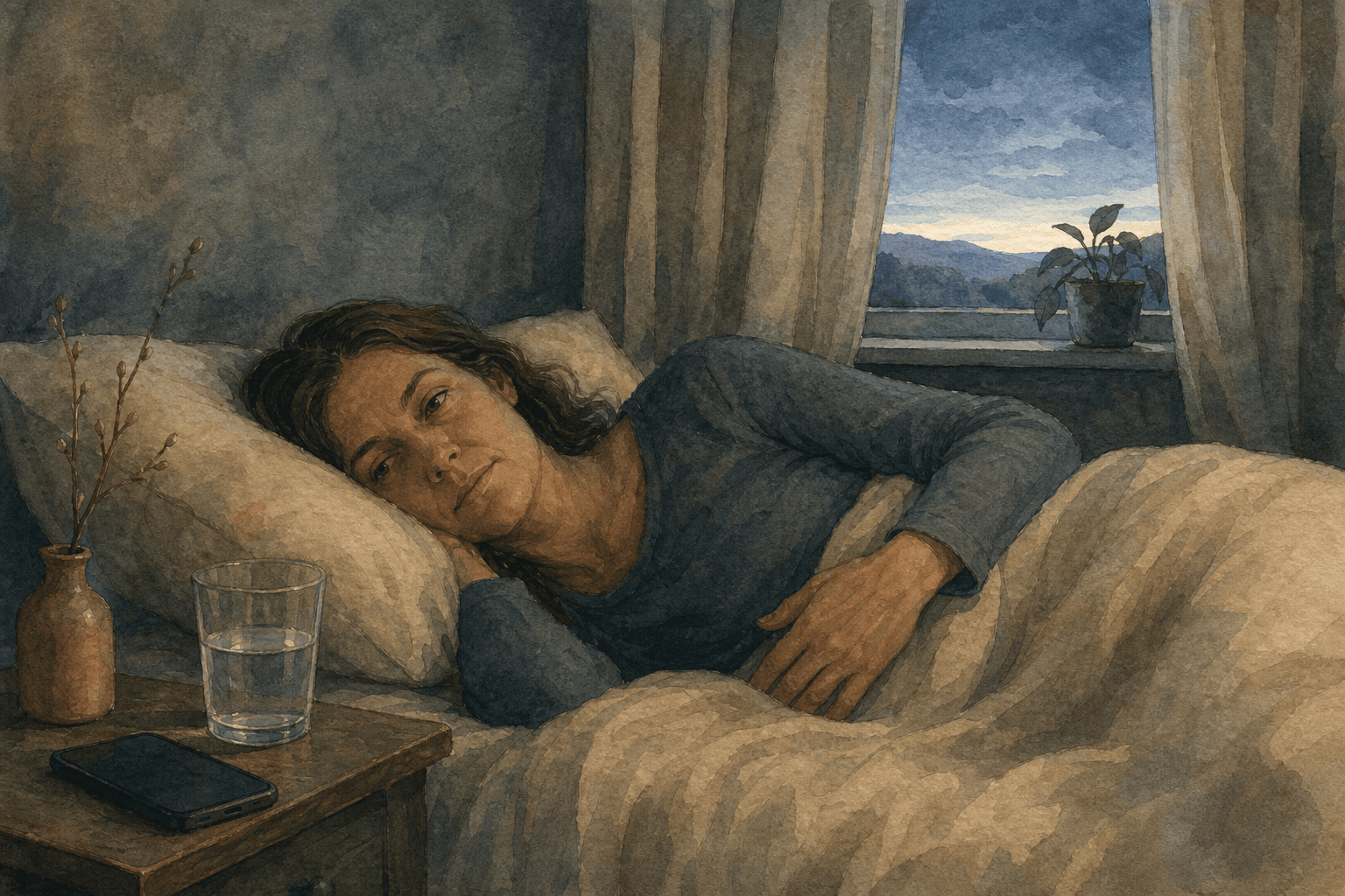 A woman in her forties lying on her side in bed in low blue pre-dawn light, one hand resting flat on her own lower ribs, eyes open but soft, a glass of water on the nightstand and her phone face-down and dark beside it.