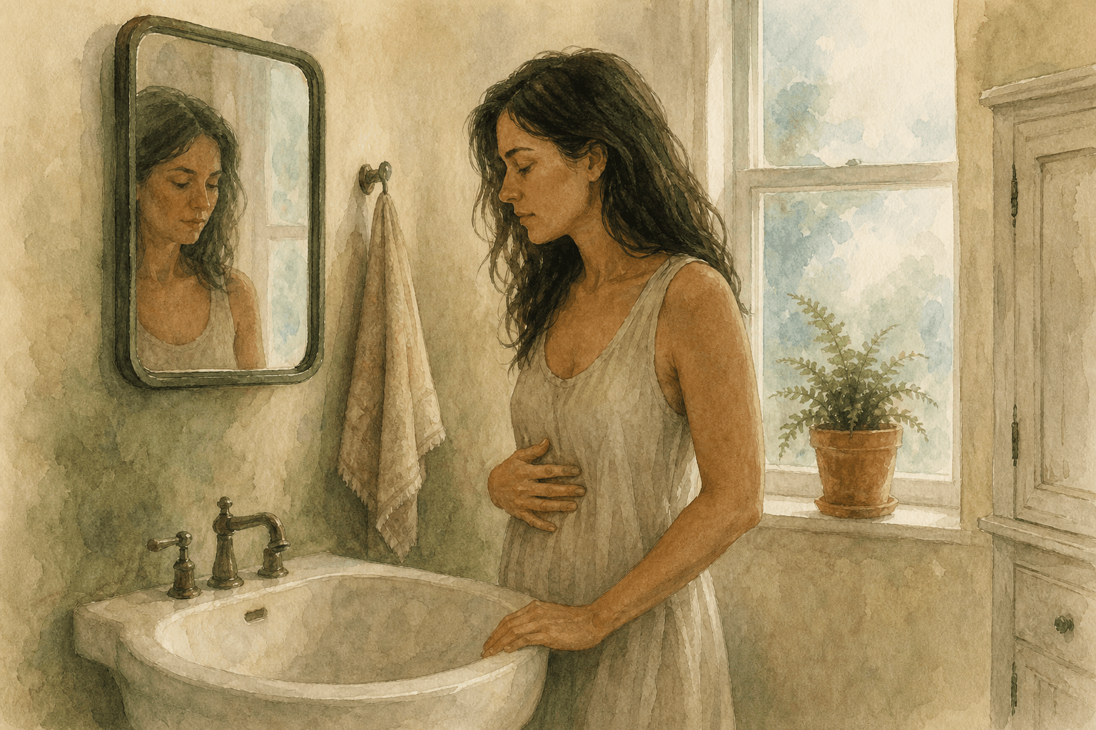 A woman in her early thirties standing at a bathroom mirror in early morning light, one hand resting at the base of her sternum, eyes soft and slightly inward, the expression of someone noticing something for the first time.