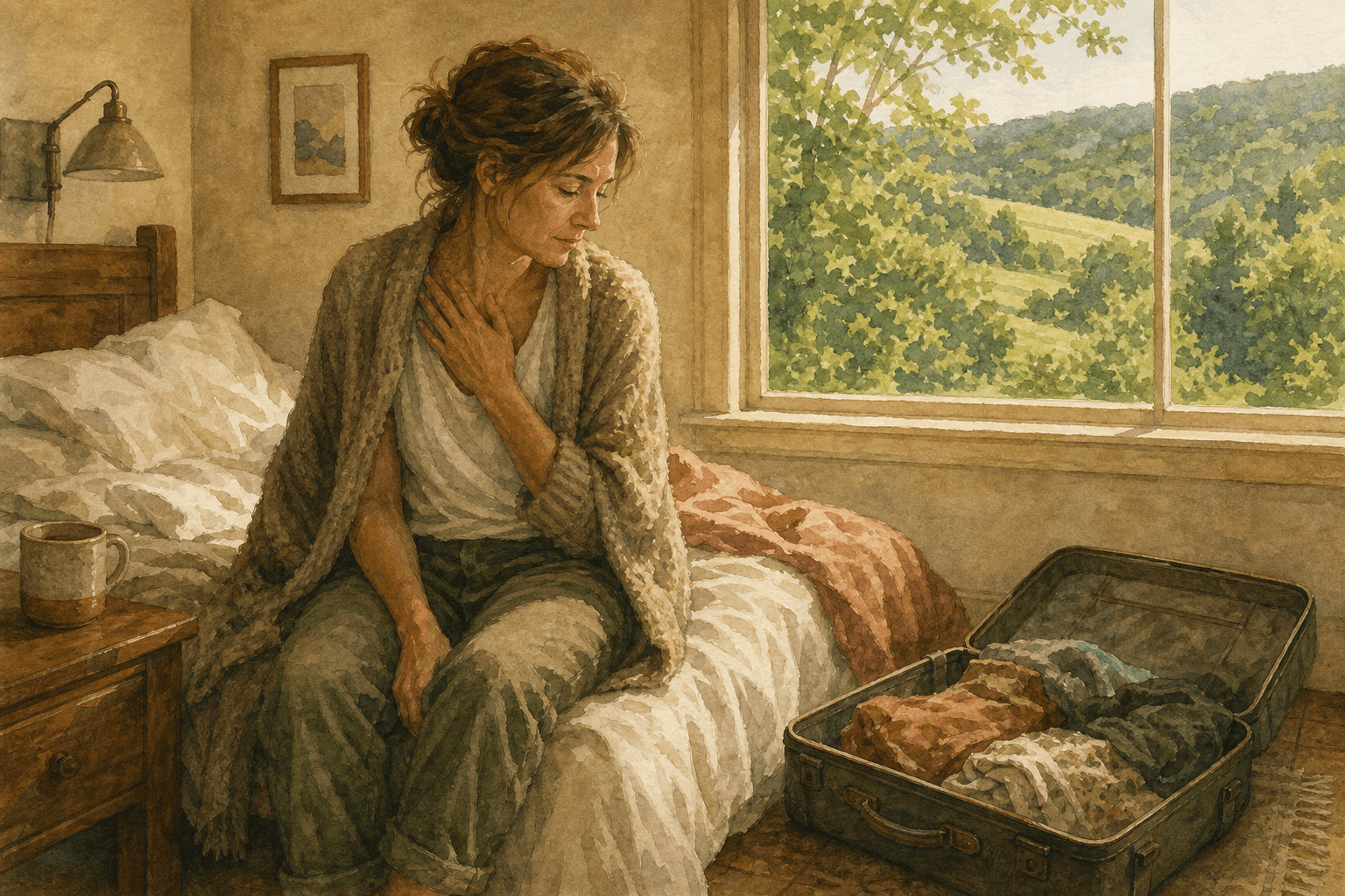 A woman in her forties sitting on the edge of an unmade holiday bed in flat afternoon light, still in yesterday's clothes, an open and unpacked suitcase on the floor beside her and a mug going cold on the nightstand.