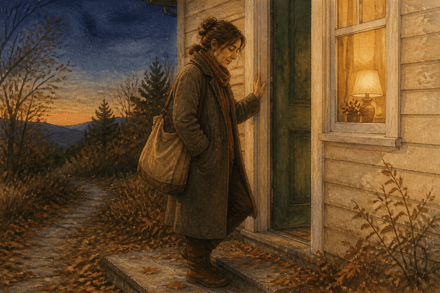 A woman in her forties pausing on her front step at dusk in late October, one hand resting flat on the painted doorframe before she opens the door, a canvas work bag on her shoulder, maple leaves on the step and warm light in the hallway window.