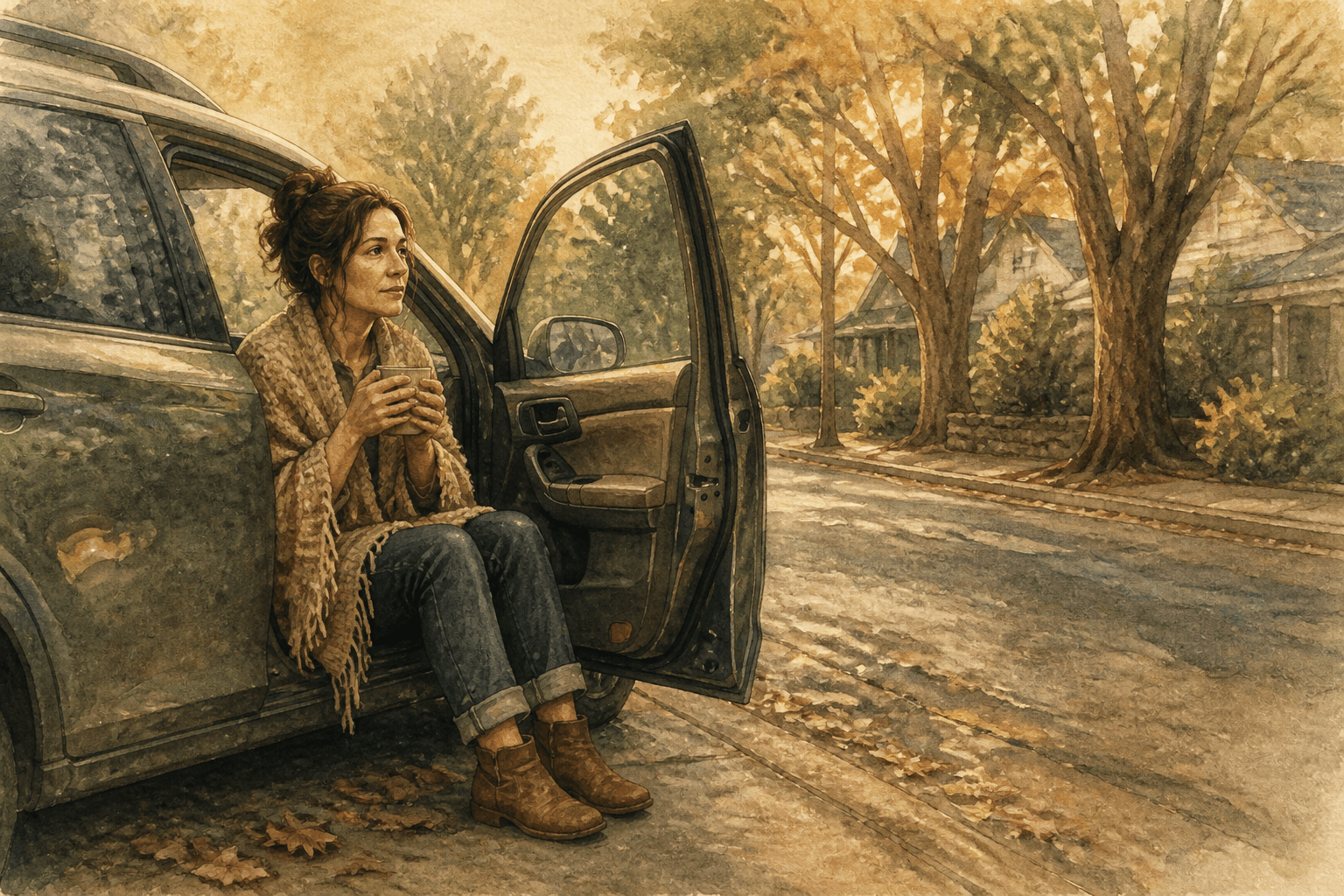 A woman in her late thirties sitting sideways in the driver's seat of a parked car with the door open, both feet flat on the pavement, a knitted blanket around her shoulders and a steaming cup held in both hands, her eyes resting on a row of trees across a quiet street in late-afternoon light.