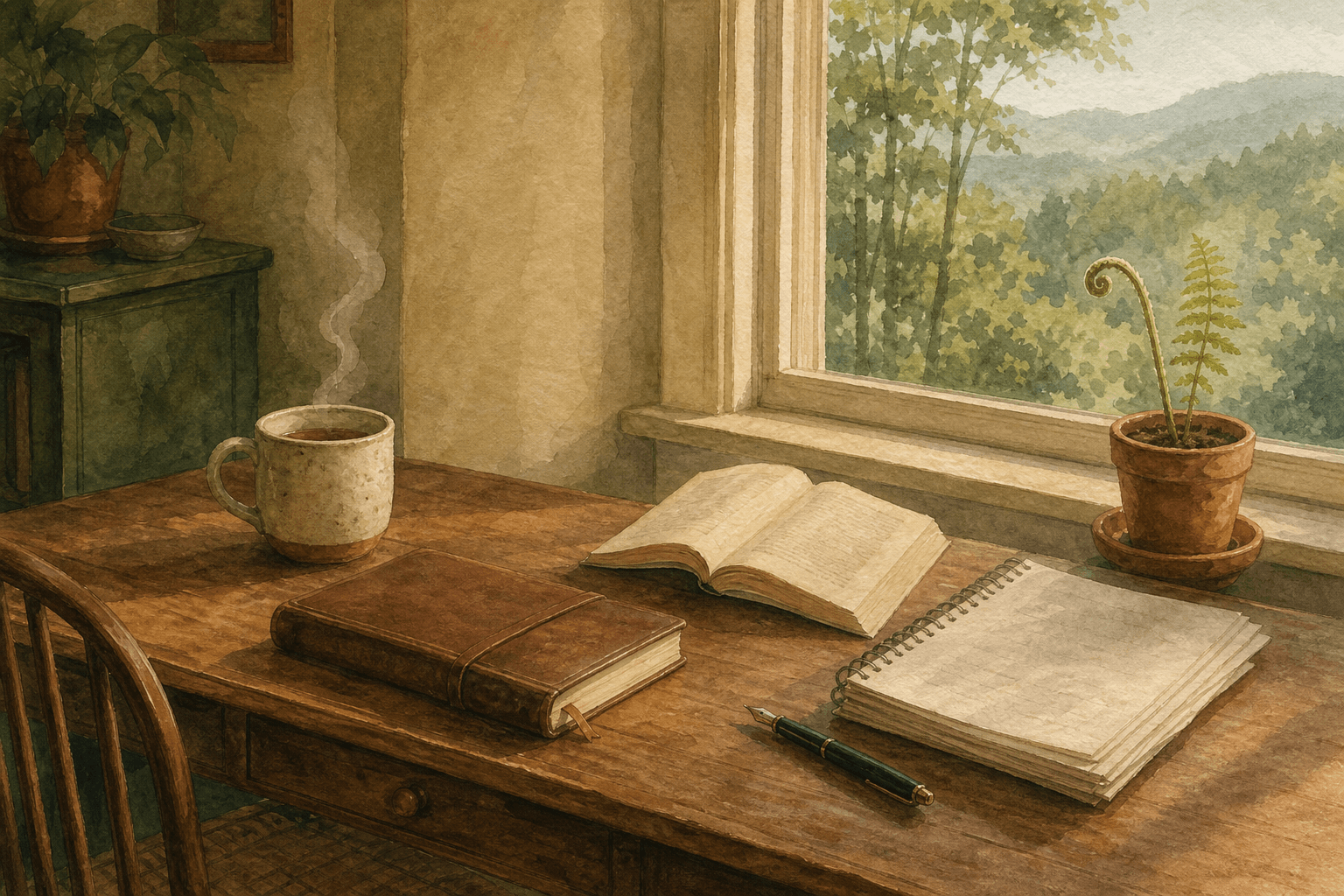 A small wooden writing desk in an Asheville sunroom at early morning, a single cup of tea steaming next to a stack of nervous-system-research books, soft mossy-green and warm-linen tones with a fern on the window edge.